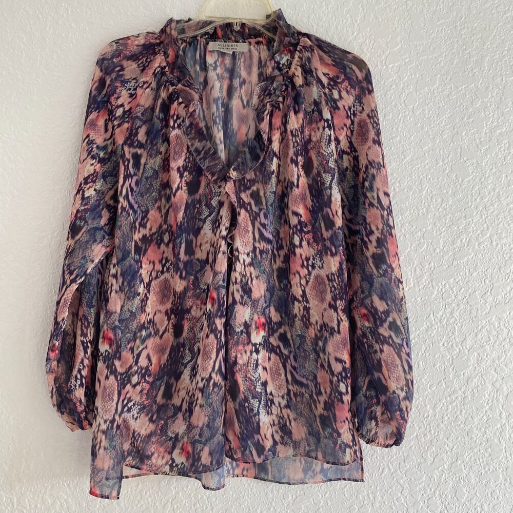 AllSaints Women’s Nylah Masala Blouse – Size 6 Snakeskin Animal Print Ruffle Top - Picture 4 of 8